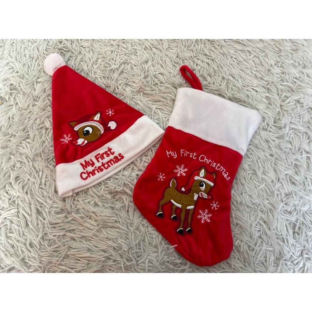 My First Christmas Rudolph the Red Nosed Reindeer Hat and Stocking Newborn‎ Baby